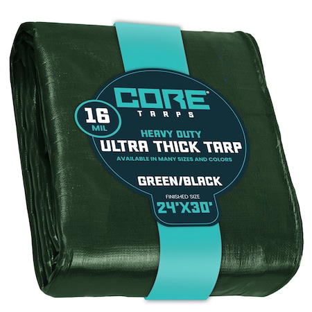 Core Tarps Heavy Duty Tarp, 30 ft x 0.5 mm H x 24 ft W, 16 Mil, Green/Black, Polyethylene CT-303-24X30